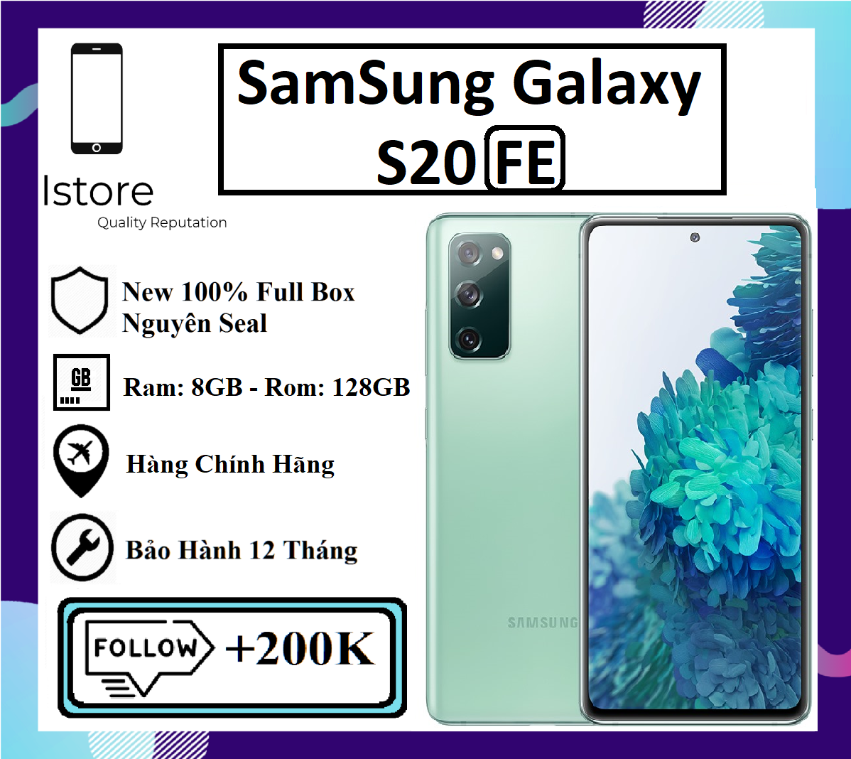 Điện Thoại Samsung Galaxy S20 FE - Màn hình: Super AMOLED, 6.5 , Full HD+, CPU: Exynos 990 8 nhân, Dung lượng pin: 4500 mAh, có sạc nhanh - 8GB/128GB - Hàng Chính Hãng - New, Full Seal - Bảo Hành 12 Tháng - Trả góp 0%