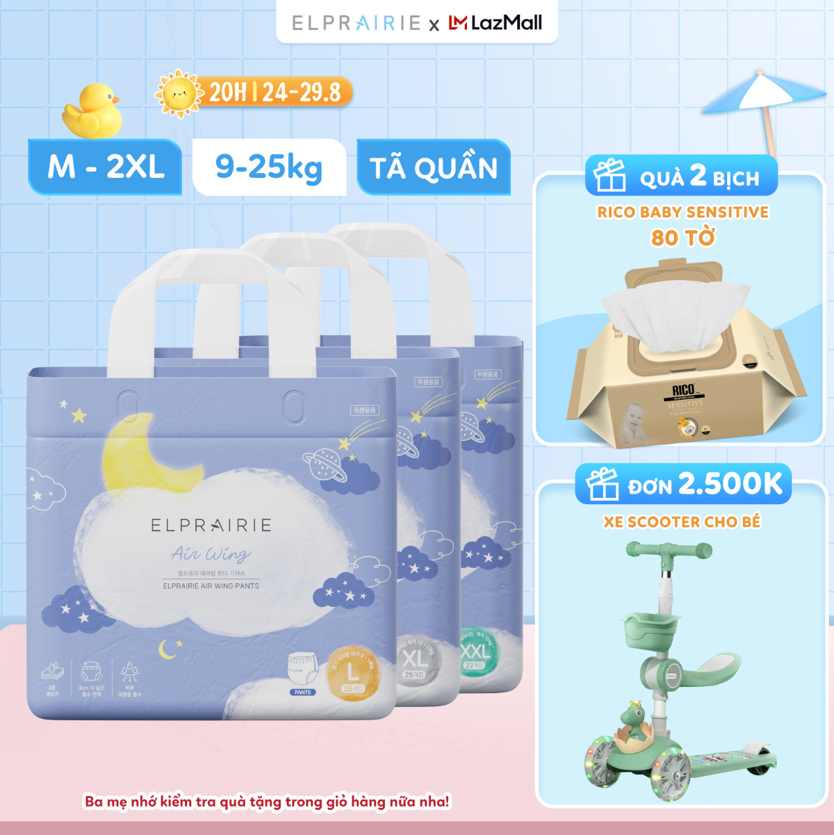 Combo 2 tã bỉm quần elprairie air wing cao cấp nội địa hàn, mỏng nhẹ êm ái, thấm hút nhanh đủ size m32/l28/xl25/xxl22