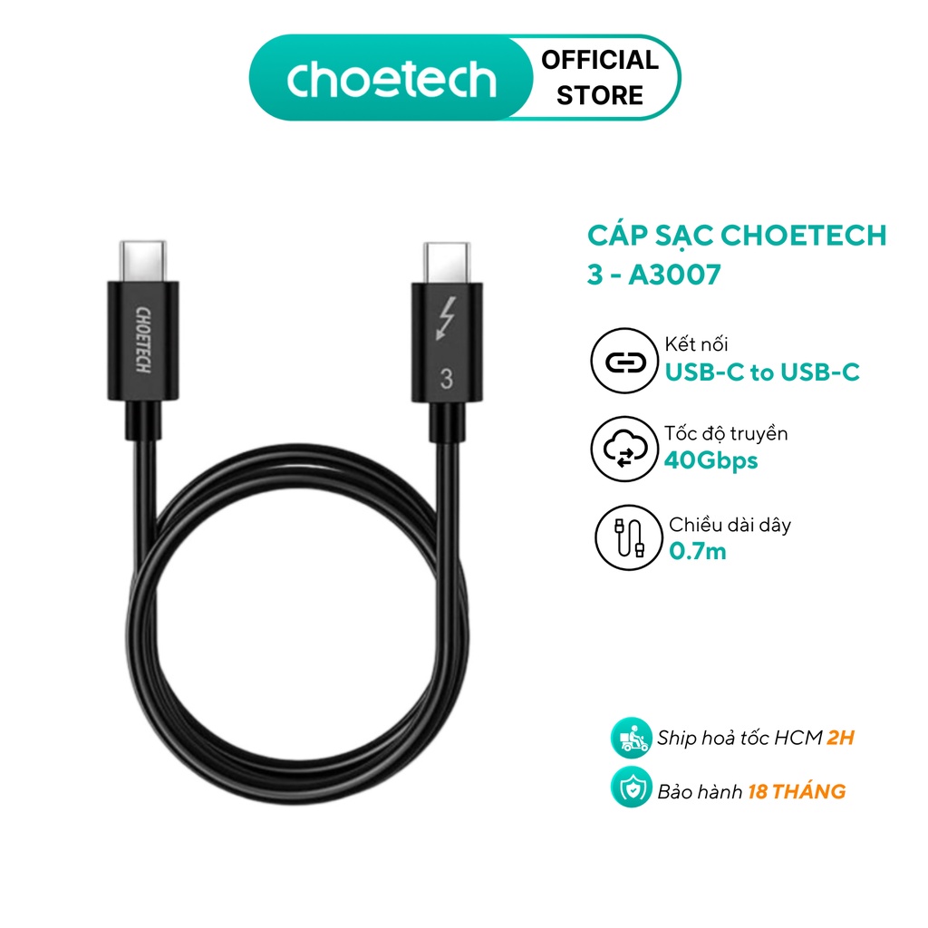 Dây cáp choetech usb-c ra usb-c chuẩn thunderbolt 3 - a3007