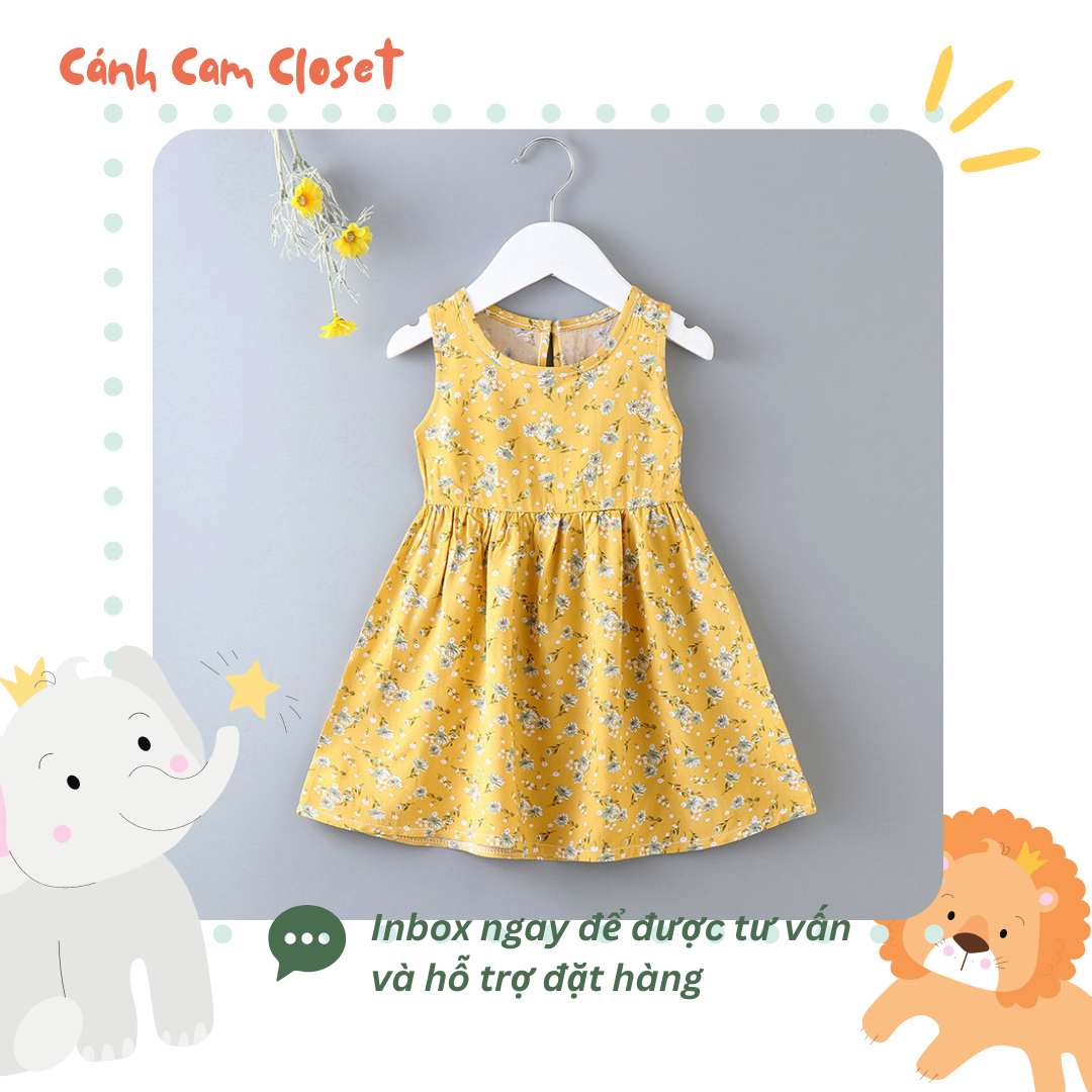 Đầm / váy hoa nhí vàng babydoll sát nách bé gái đi chơi