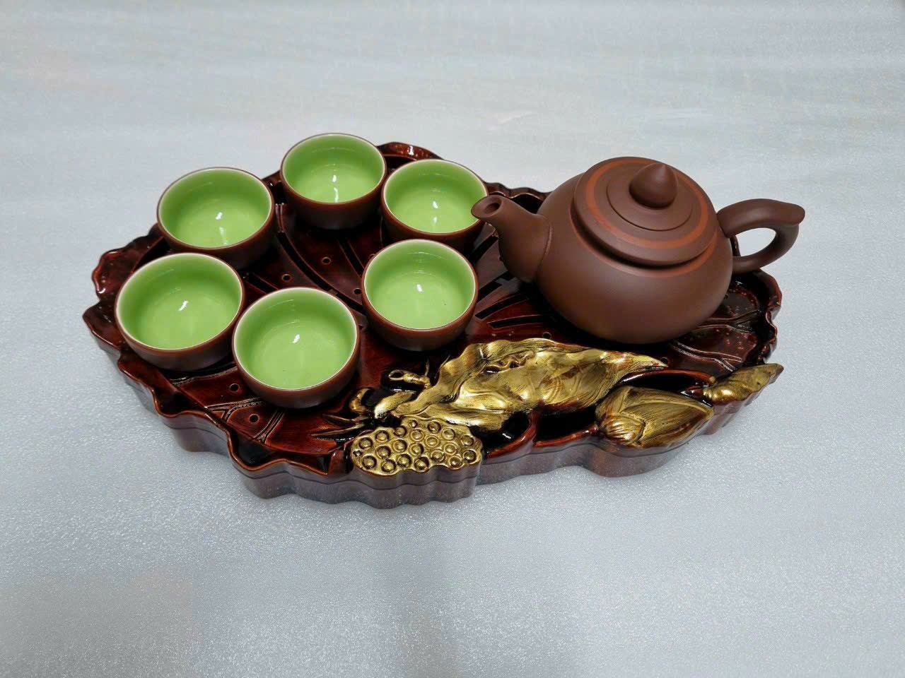 Khay trà Minh Hải dáng Lá Sen, khay hoa đào nhựa giả gỗ cao cấp bền, đẹp, sang trọng
