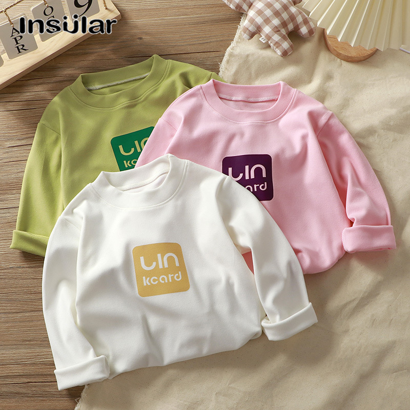 Insular Children's clothing plus fleece thermal underwear for boys, long-sleeved thickened bottoming shirts, girls' winter crew neck tops