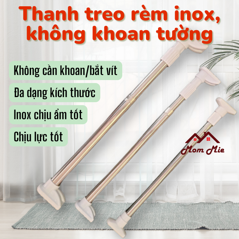 Thanh treo rèm inox không khoan tường, nhiều kích thước - G008