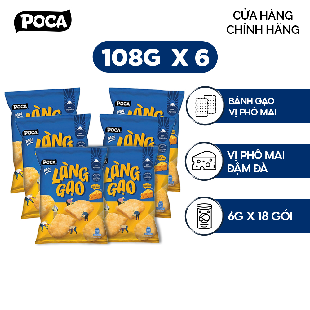 [MỚI] Combo 6 Túi Bánh Gạo POCA LÀNG GẠO Vị Phô Mai 108G - Từ gạo Nhật Japonica, không chiên, không thêm chất bảo quản