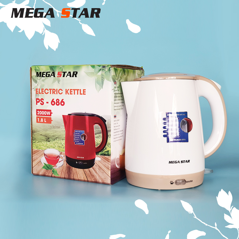 ( Ấm đun siêu tốc ) Bình Đun Siêu Tốc 2 Lớp Megastar PS-686 (1.8L) - Công suất 2000W mạnh mẽ đun nước nhanh chóng, thiết kế 2 lớp an toàn cho người sử dụng - Bảo hành 12 tháng