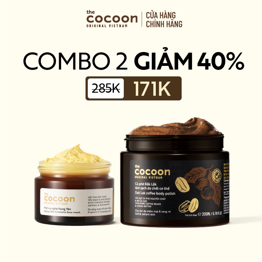 COMBO 1  Mặt nạ nghệ Hưng Yên Cocoon giúp da rạng rỡ  mịn màng 30ml + 1 Hũ Tẩy da chết cơ thể cà phê Đắk Lắk Cocoon cho làn da mềm mại và rạng rỡ 200ml