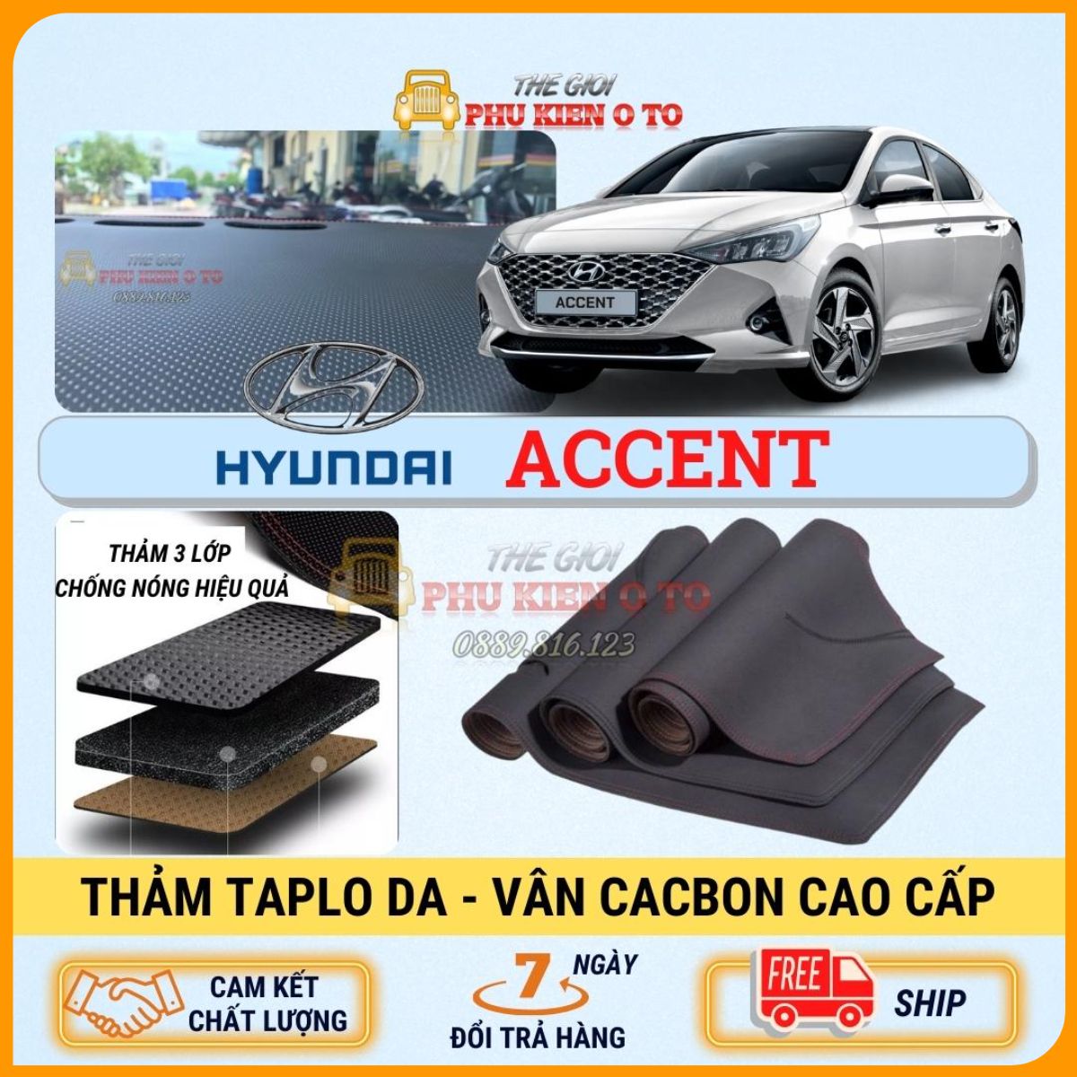 Thảm taplo Hyundai Accent 2010 - 2022 da Cacbon 3 lớp cao cấp