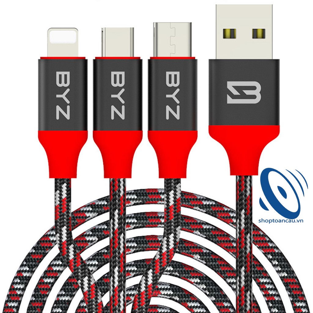 Cáp sạc 3 đầu byz bl 675 dây dù dài 1.2m lightning + micro usb + type c thiết kế dạng vòng xoắn chắc chắn không bị rối hay gãy đứt