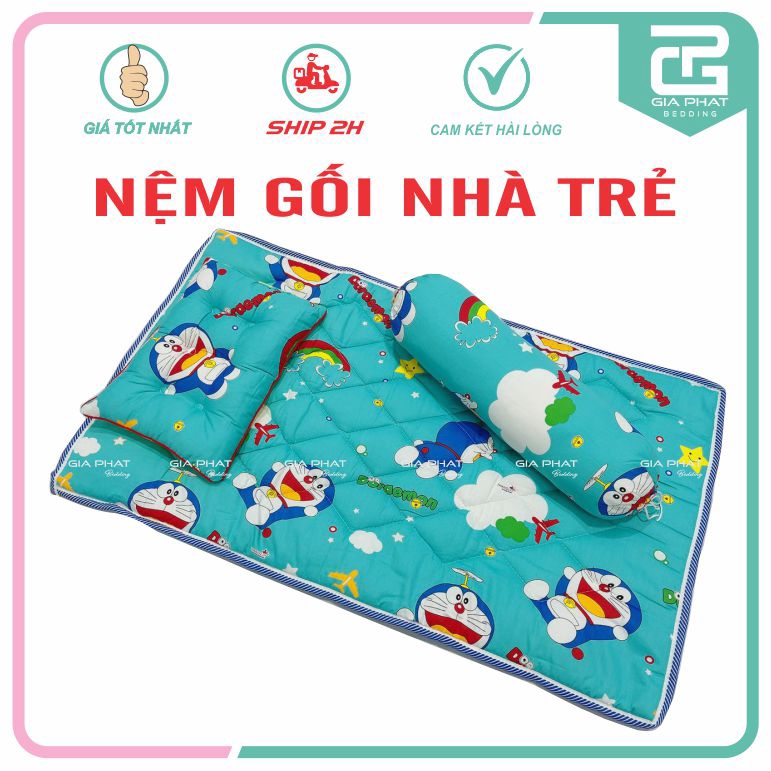 Trọn bộ nệm đi học cho bé, nệm gối nhà trẻ 60x110cm 1 nệm + 1 gối nềm + 1 gối ôm