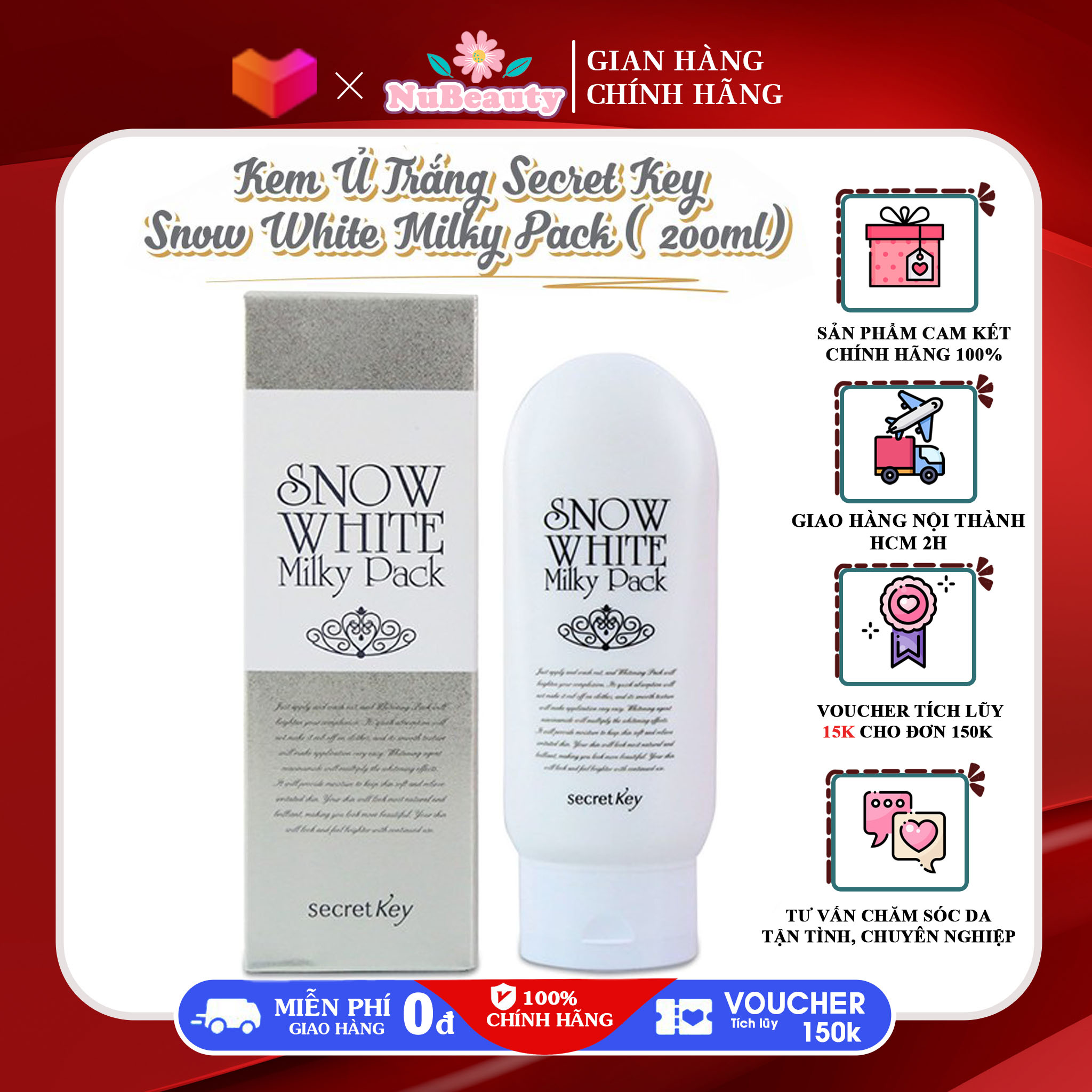 "Chính hãng" Kem Ủ Trắng Da Dành Cho Mặt Và Cơ Thể Secret Key Snow White Milky Pack 200g, Kem dưỡng trắng da body nhanh chóng hiệu quả