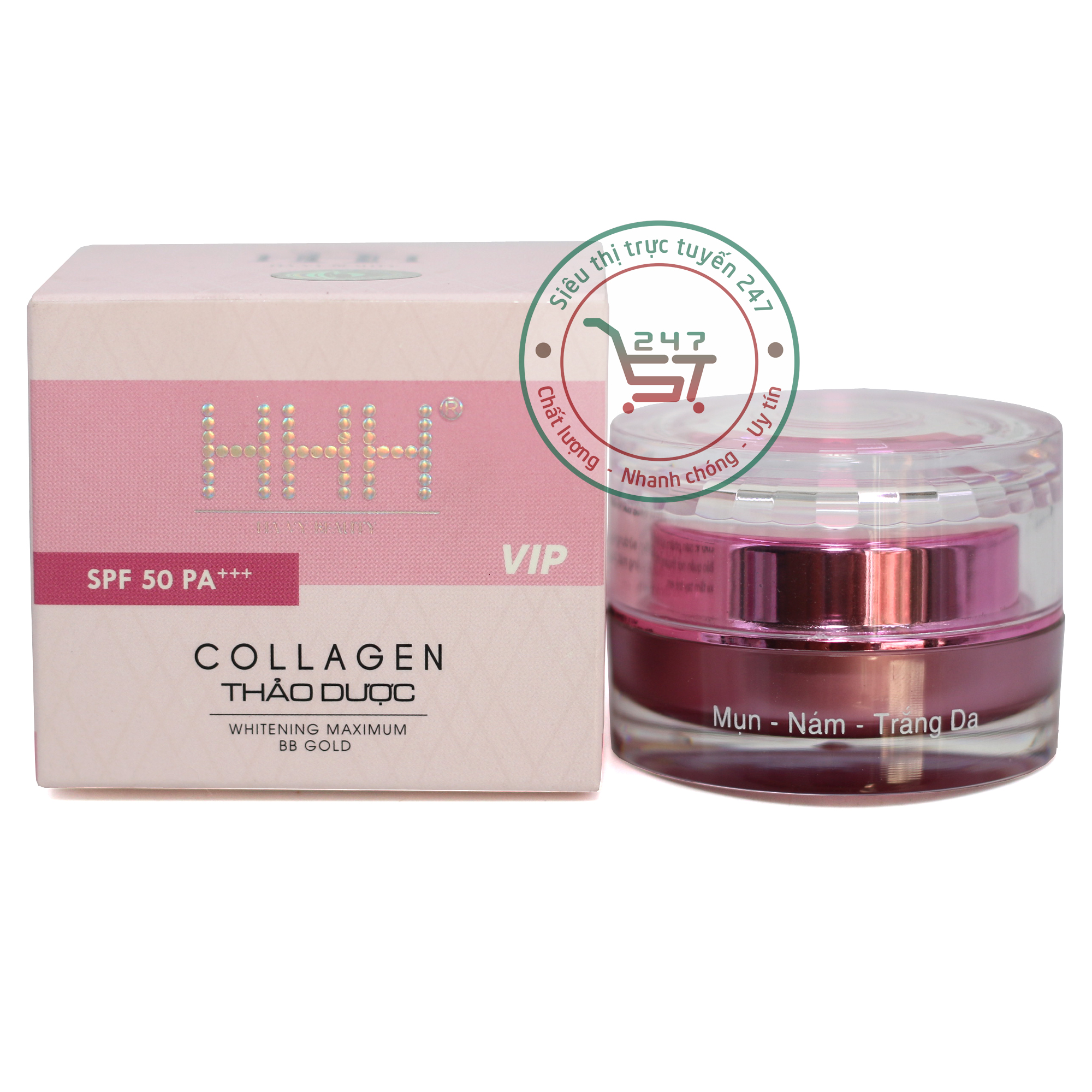 Kem Mụn dưỡng Trắng da mặt Ngừa lão hóa Chống nắng Tái tạo collagen thảo dược HHH 12g 20g (hồng)