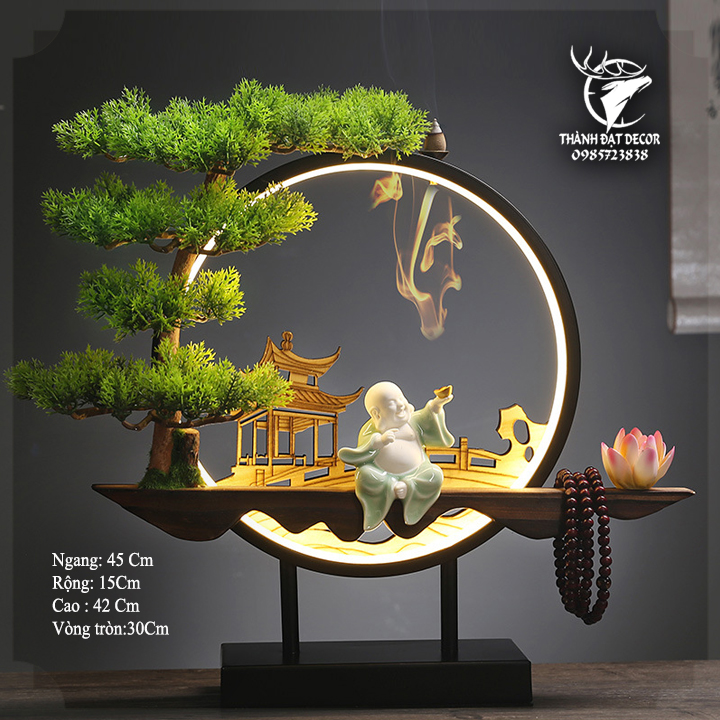 Kệ Gỗ Đặt Tượng Trang Trí Có Đèn Led, Có Thể Đốt Trầm Hương, Quà Tặng Tân Gia Khai Trương Trang Trí Bàn