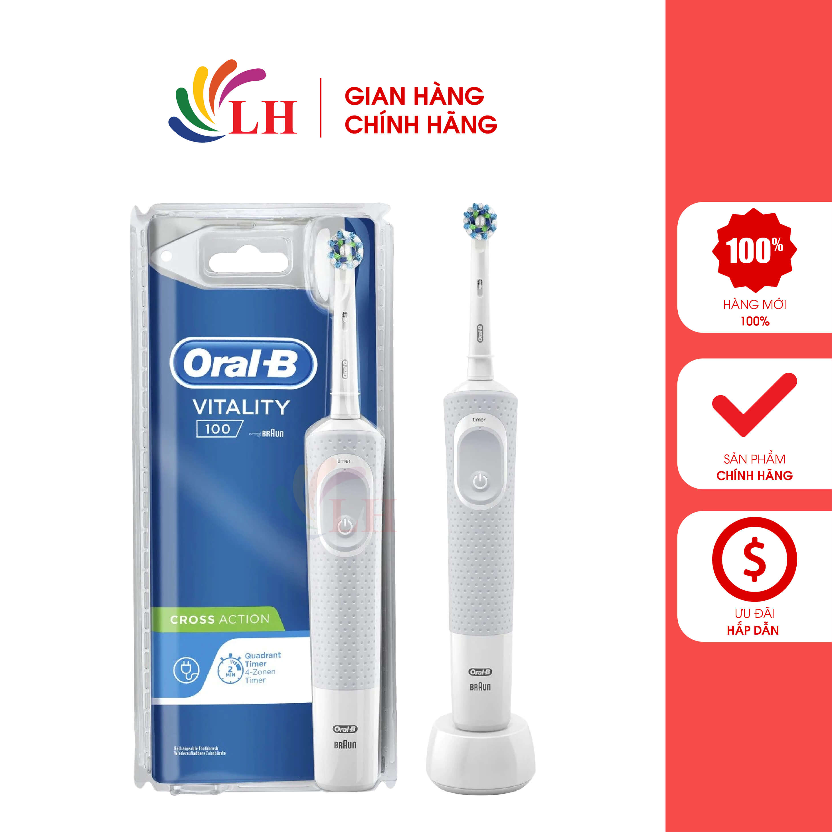 Bàn chải điện Oral-B Vitality 100 CrossAction (Vỏ nhựa) - Thiết kế bắt mắt, làm sạch sâu, đầu bàn chải dễ thay thế