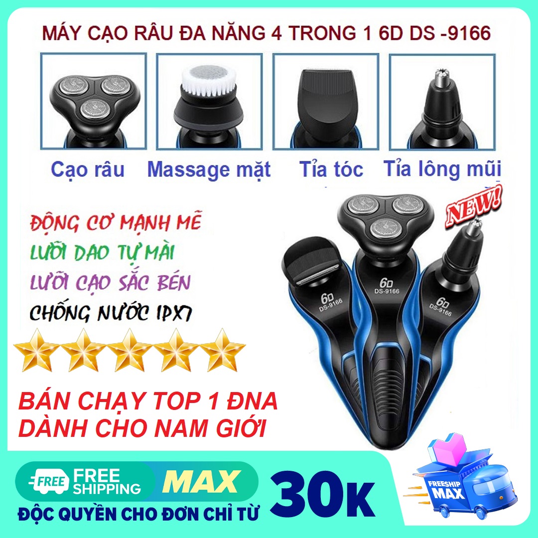 Máy Cạo Râu đa năng Thông Minh DS 9166 cao cấp 4 trong 1– Lưỡi Dao Tự Mài , 3 Lưỡi Kép Cạo Sắc Bén, Chống nước, An Toàn Cho Da Mặt, Cạo Tóc,Cạo Lông Toàn Thân, Tỉa lông mũi, mày - May Cao Rau nam - Nhỏ gọn tiện lợi mang đ