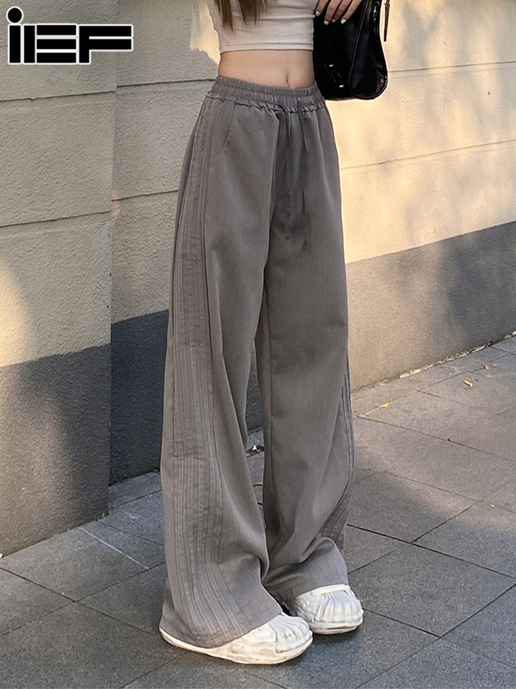 IEF vintage side striped trousers Japanese women's vest trousers gray sports pants, women's loose casual pants, women's high waist wide leg pants, women's elastic waist 2024