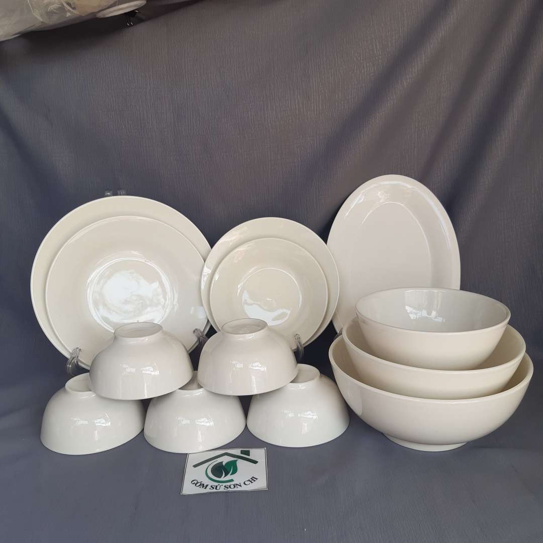 Bộ 13 món tô chén dĩa trắng dày gốm sứ dùng cho quán