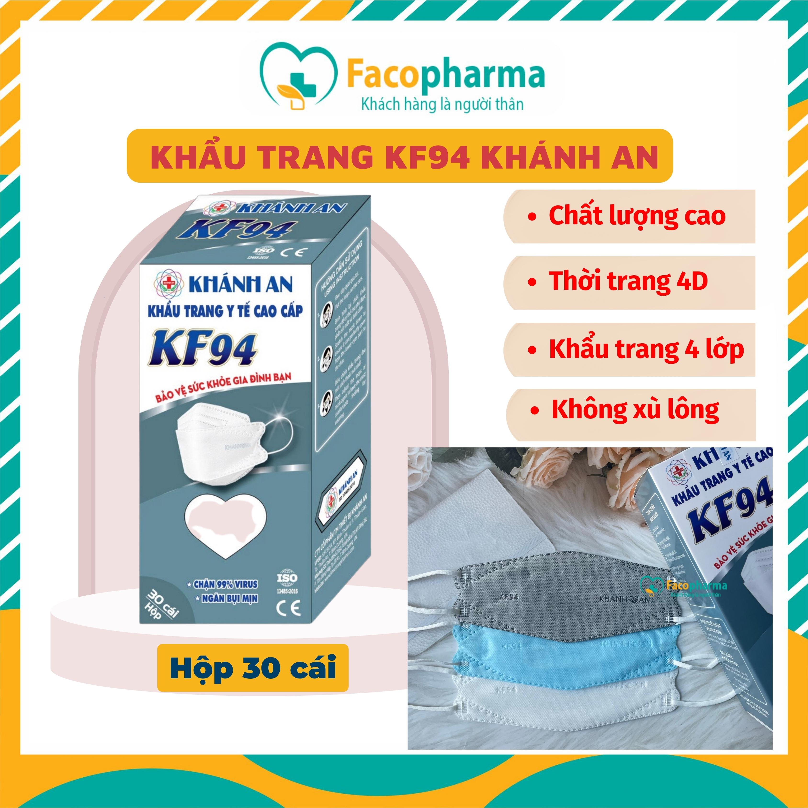 Khẩu trang KF94 Khánh An 4D 4 lớp vải SMS kháng khuẩn chống bụi lên tới 99% Hộp 30 cái