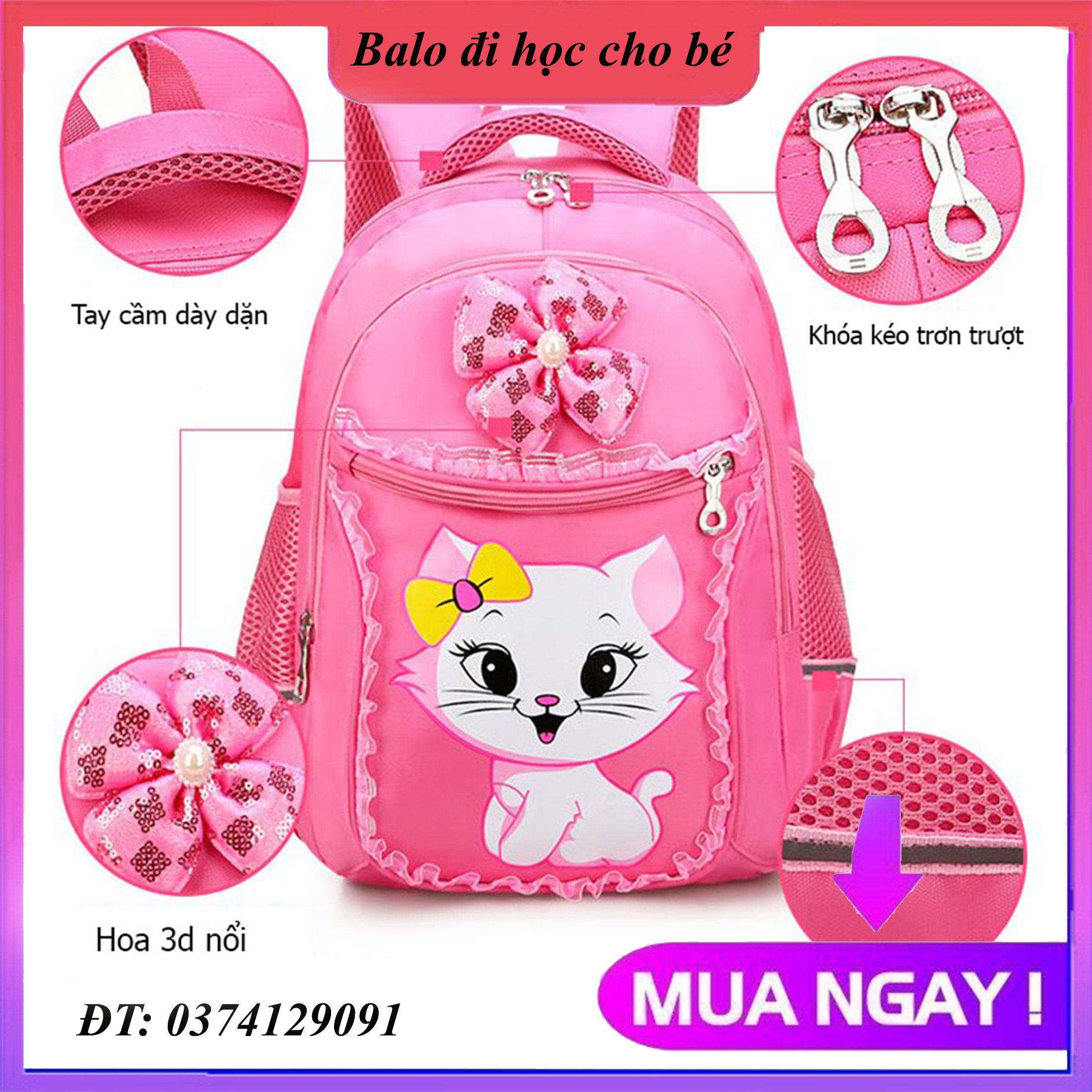 [2 SIZE -CHẤT ĐẸP] Balo đi học cho bé gái hình mèo dễ thương màu hồng siêu dễ thương chất liệu vải Polyester chống thấm, chống nước cao cấp, cặp sách cho bé gái cấp 1 tiểu học đi học