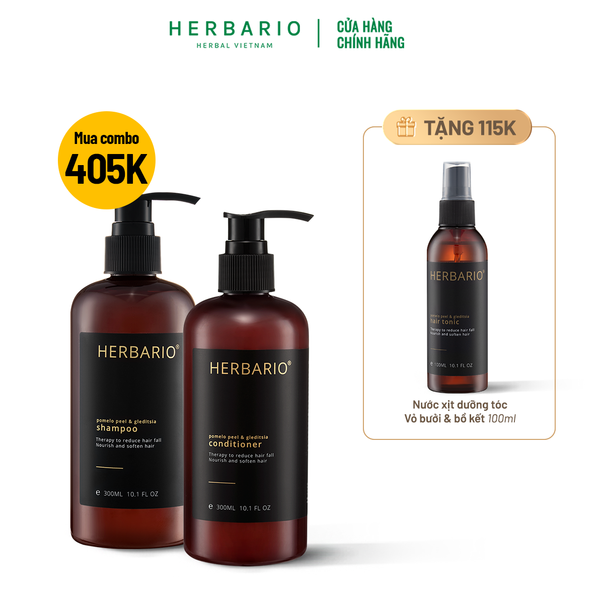 Bộ đôi Dầu Gội + Dầu Xả vỏ bưởi & Bồ Kết Herbario 300ml giảm rụng tóc, suôn mượt tóc