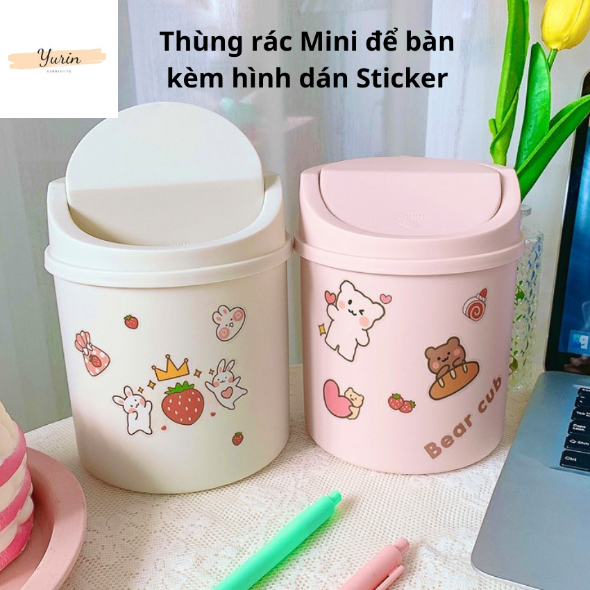 Thùng rác mini để bàn Hàn Quốc kèm hình dán Sticker dễ thương