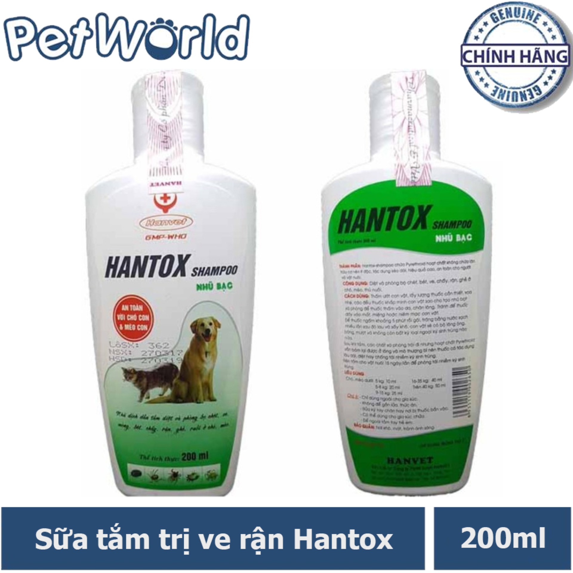 Hantox shampoo xanh 200ml - sữa tắm trị ve rận chó mèo