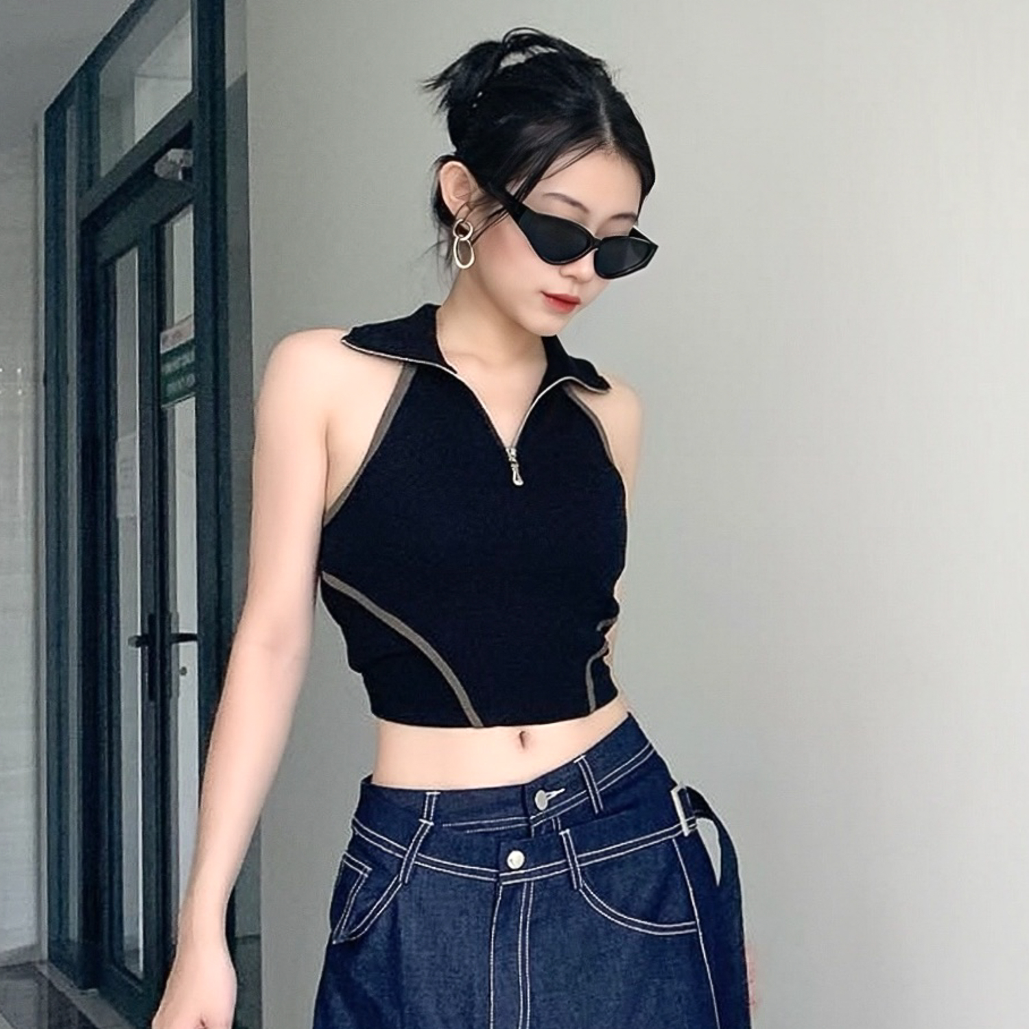 Áo thun MAYBI cổ lọ có dây kéo nhiều màu
