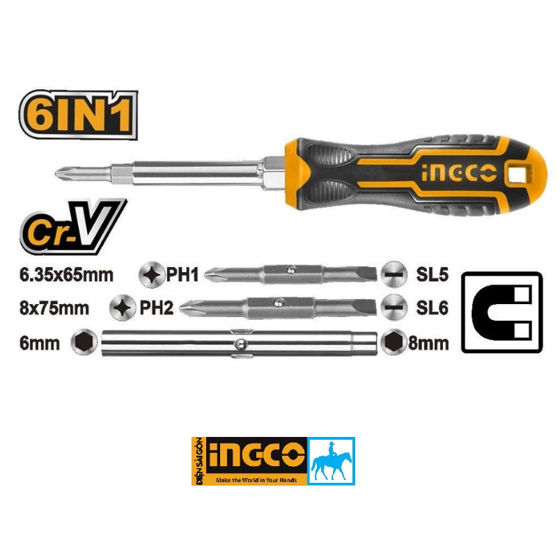 Bộ tua vít 6 đầu nam châm đa năng thép crv ingco tolsen 20043