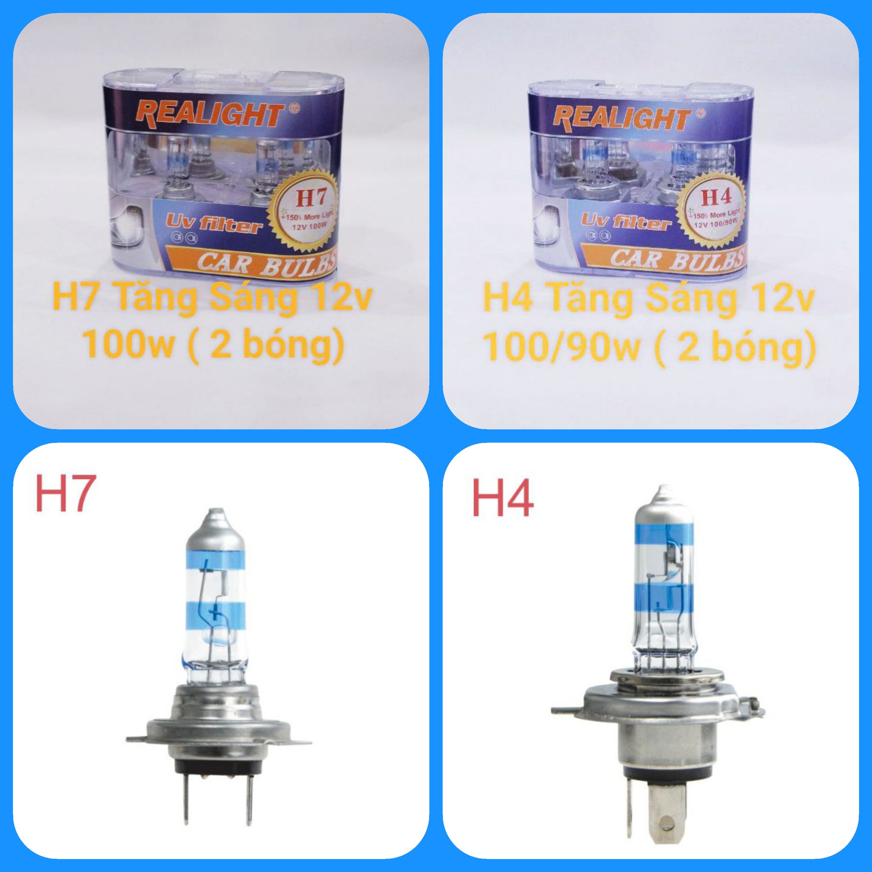 Bóng đèn halogen 100w chân h4,h7 tăng sáng 12v chính hãng 2 bóng đèn , đèn ô tô , đèn pha cos