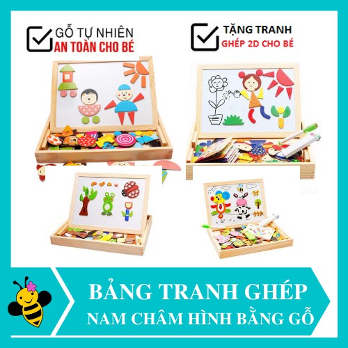 Bảng nam châm tranh nam châm 2 mặt ghép hình bằng gỗ