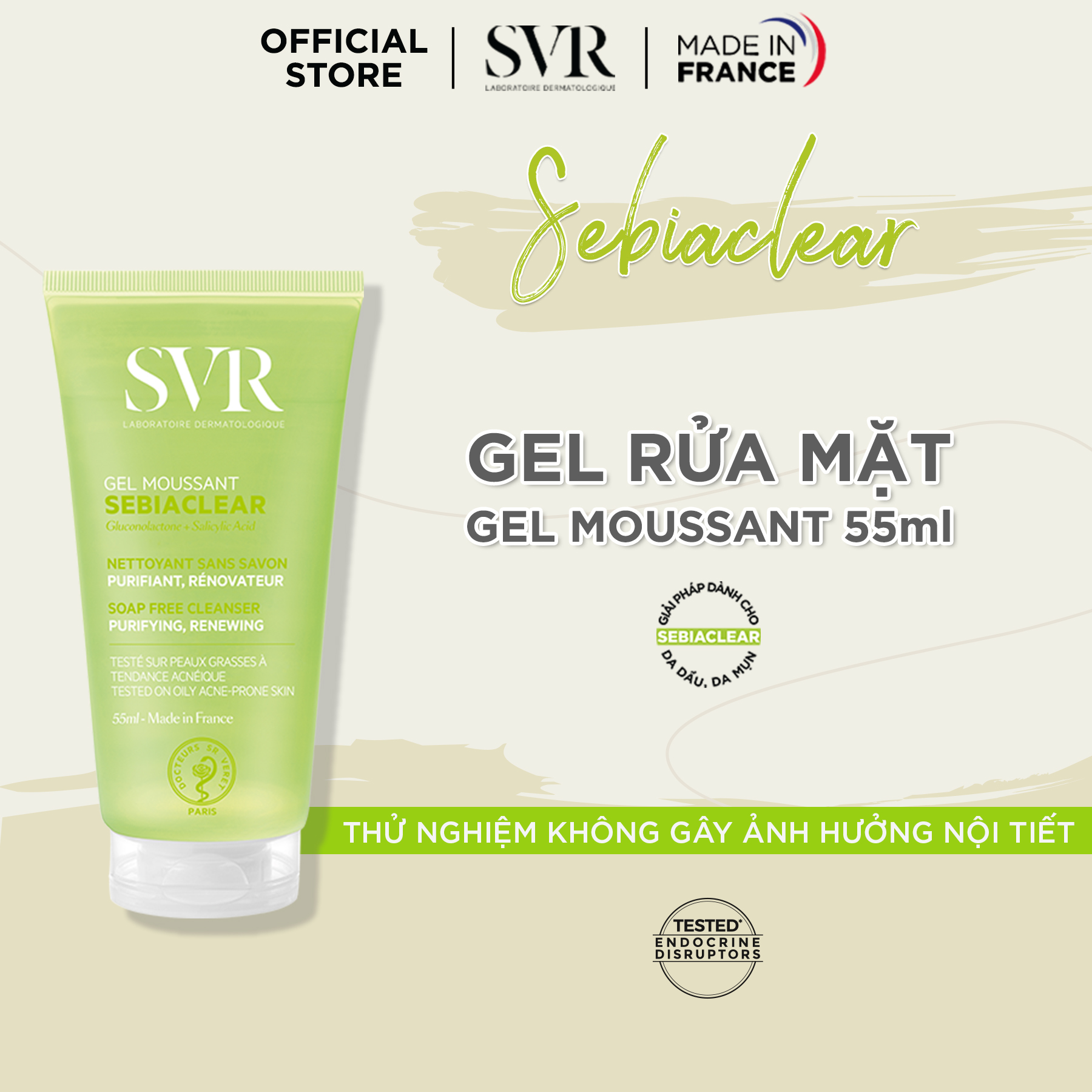 Sữa rửa mặt không có xà phòng, làm sạch và loại bỏ tế bào da chết SVR SEBIACLEAR Gel Moussant 55ml