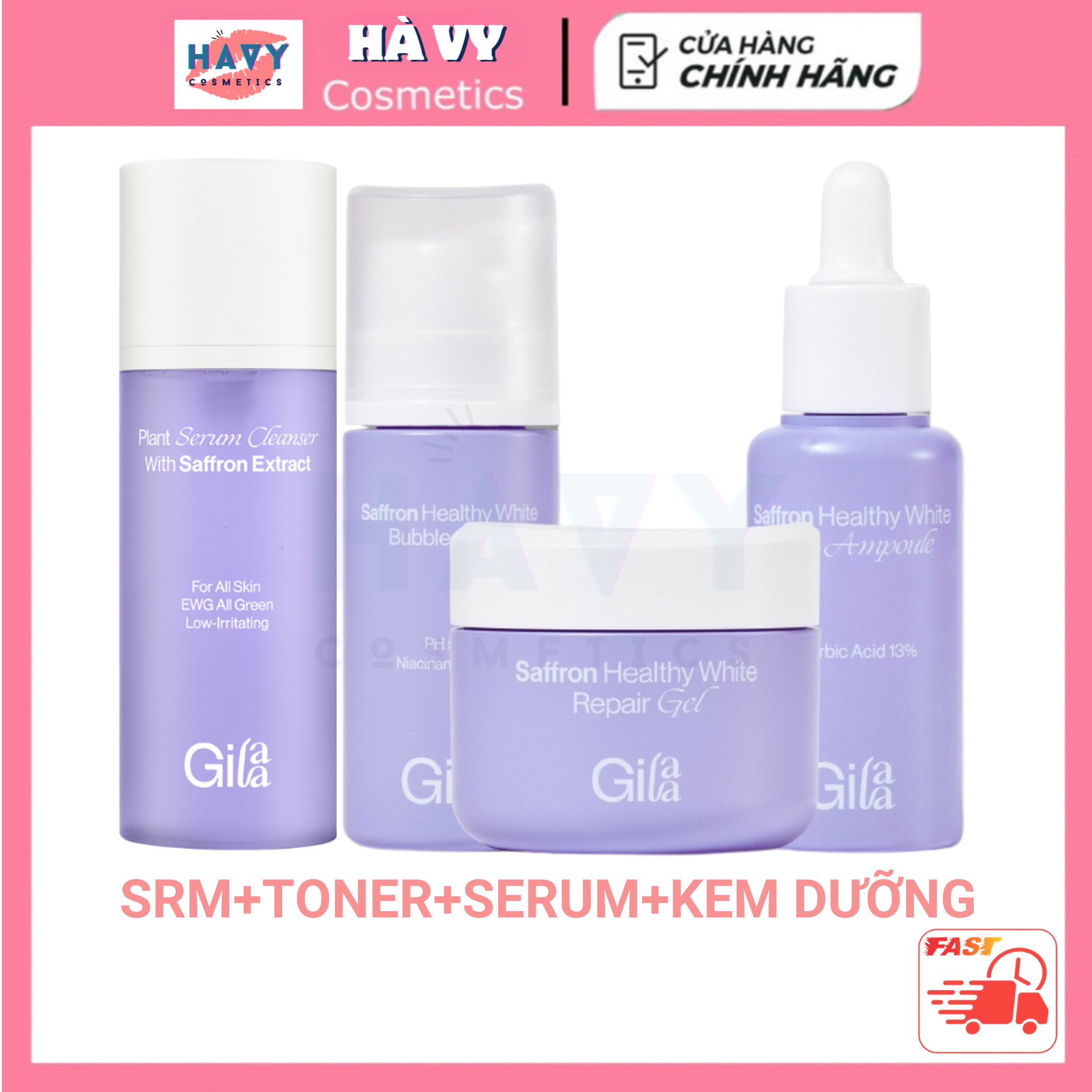 Bộ 4 sản phẩm dưỡng trắng và phục hồi da Gilaa Saffron Tone Up Repai