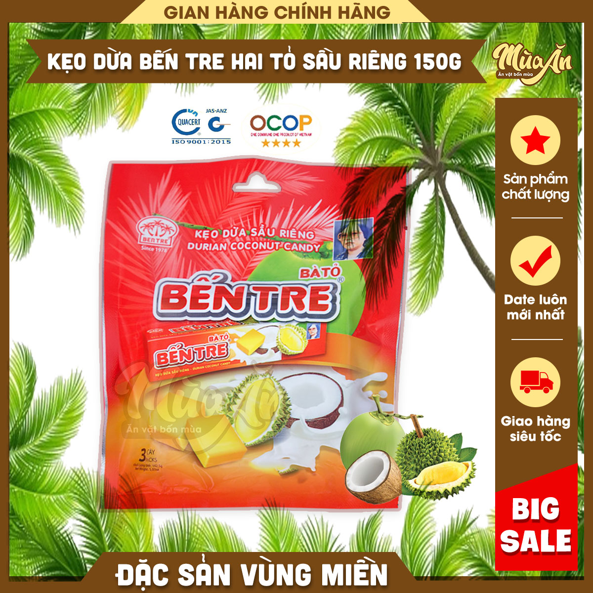 Kẹo dừa sầu riêng mềm ngon, kẹo dừa Bến Tre chính hãng Hai tỏ 150g