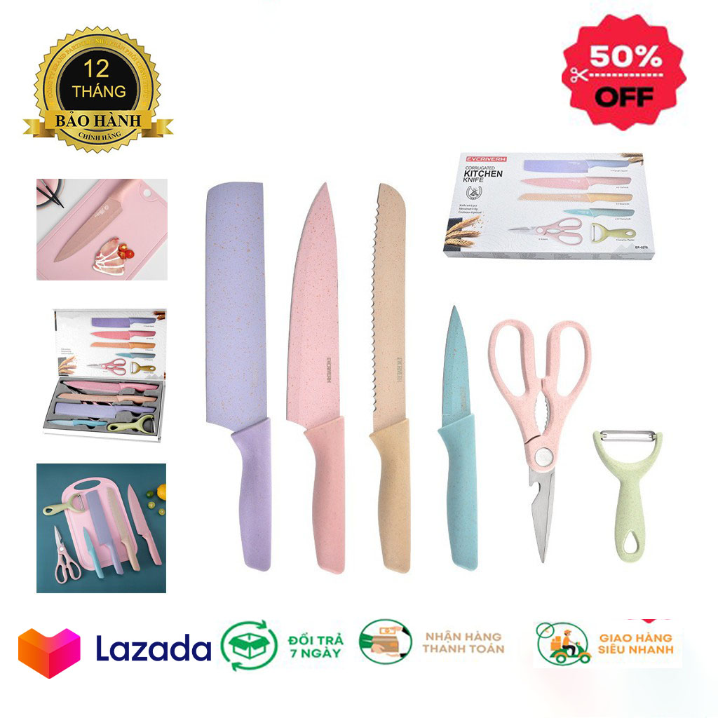 Bộ Dao Nhà Bếp Chanhouse Bộ Dao Kéo Lúa Mạch Kháng Khuẩn 6 Món Cao Cấp Sắc Bén Màu Decor Dễ Thương An Toàn Sức Khỏe kháng khuẩn chống han gỉ  6 món chi tiết chuyên dụng cho căn bếp