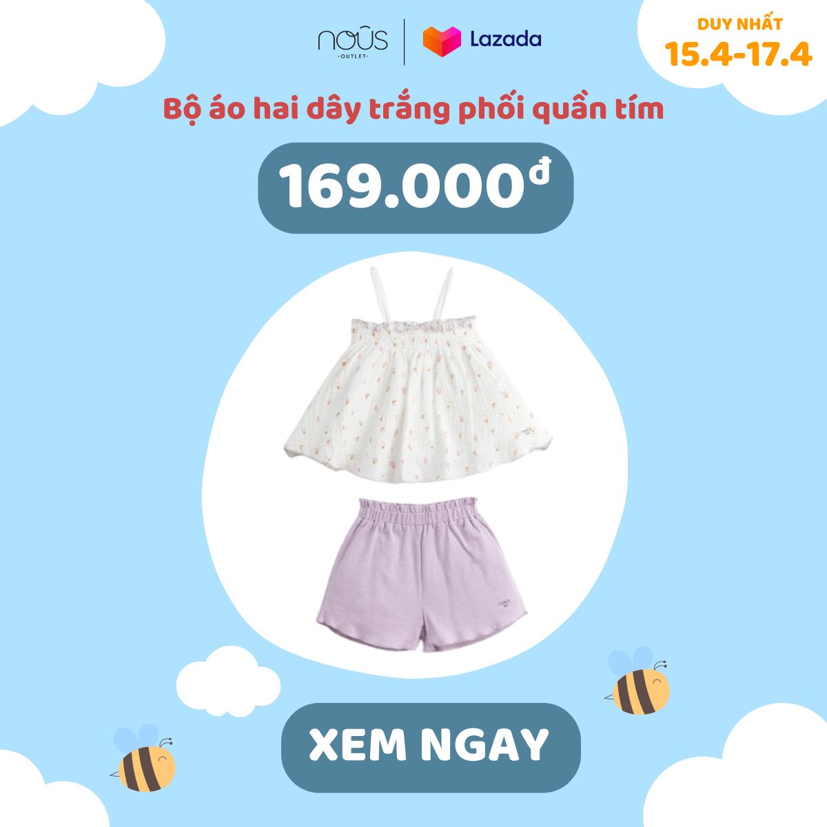 Bộ hai dây Nous áo trắng quần hồng in họa tiết Nous Outlet