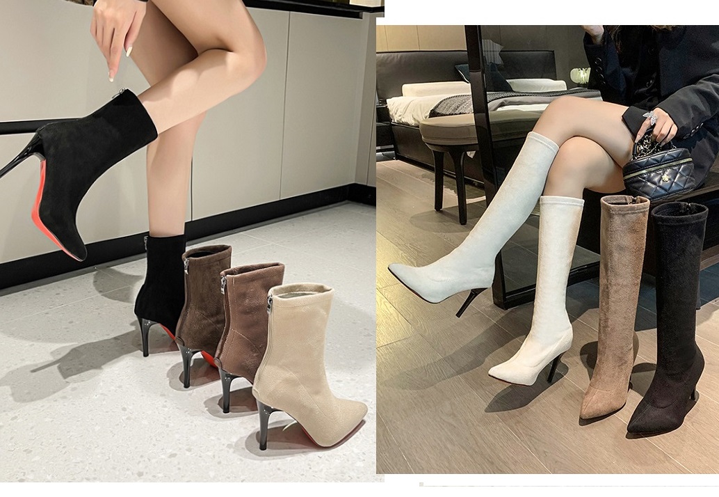   NHẸ & ÊM CHÂN  Giày boot cao gót da lộn 9 phân cổ lửng bốt nữ cao gót sang trọng ôm chân thon gọn S063 