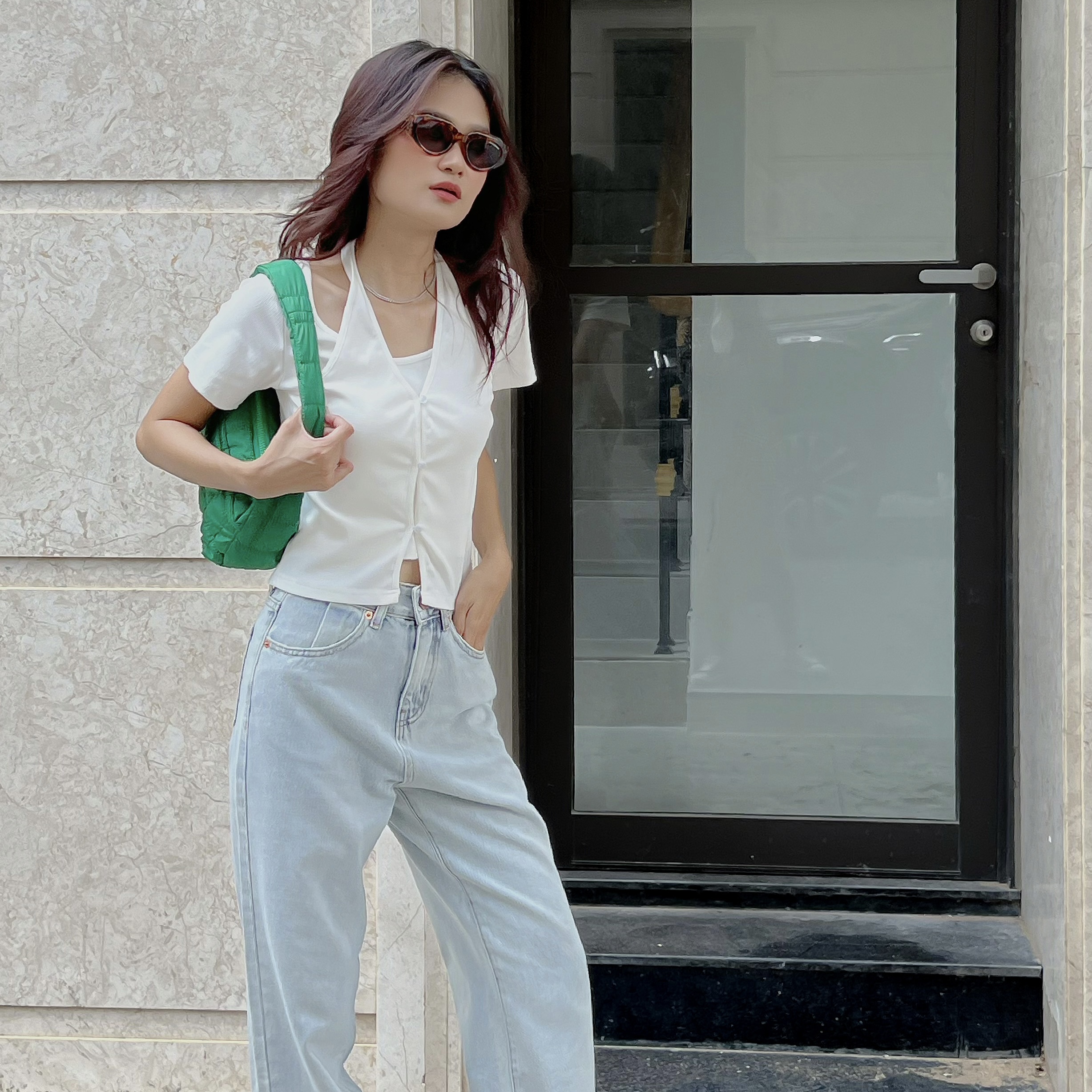 Áo thun cặp áo yếm ngoài màu trắng lenclothing 867100