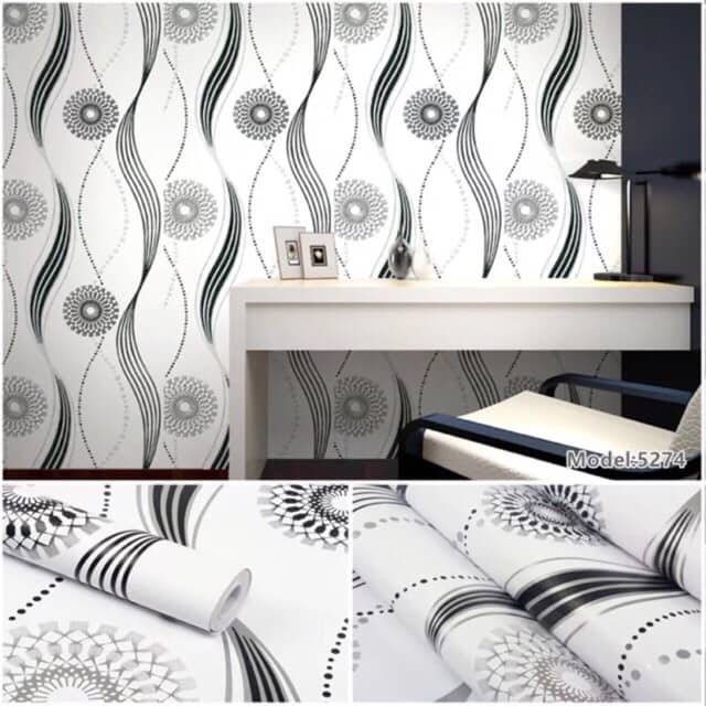 10 giấy dán tường họa tiết trắng đen khổ rộng 45cm có keo dán sẵn