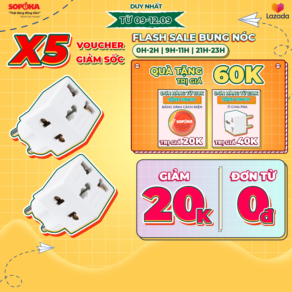 Ổ chia điện đầu nối thông minh P15 SOPOKA 1 chia 2 cửa có ổ cắm 2 chấu tiện lợi