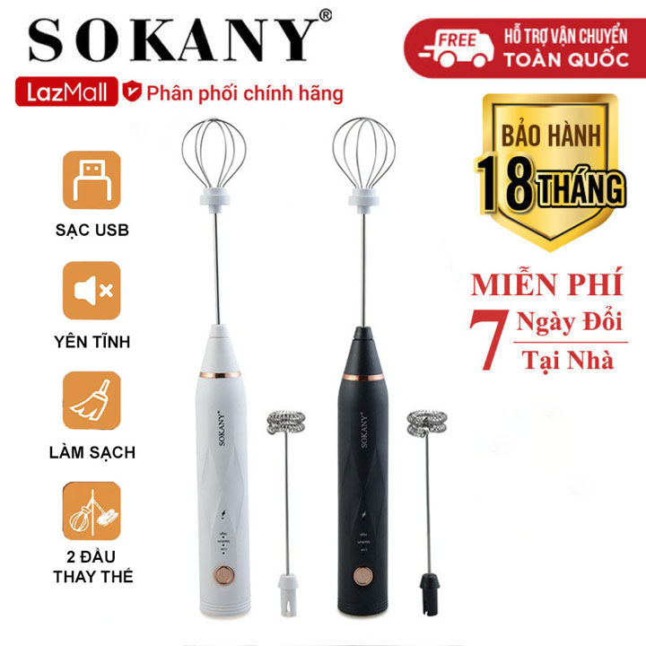Máy đánh trứng, tạo bọt cà phê cầm tay sokany sạc pin có 3 tốc độ đánh, nhỏ gọn, dễ tháo lắp - sk201a
