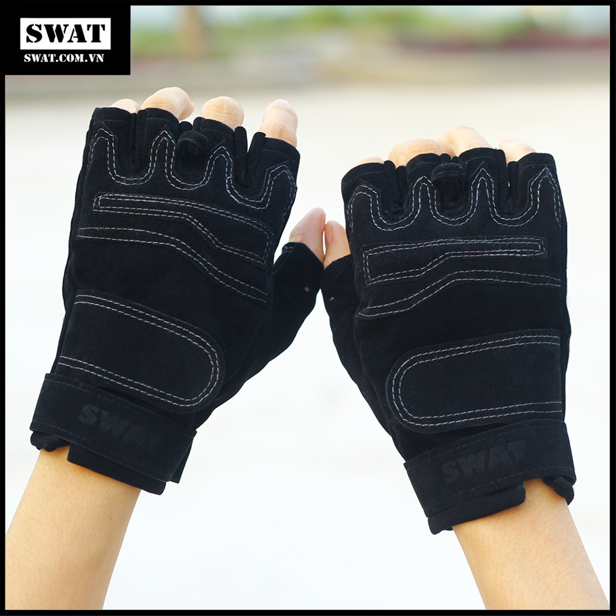 Găng tay ngắn ngón SWAT màu Đen -G01 vải dày nhung da lộn dày dặn