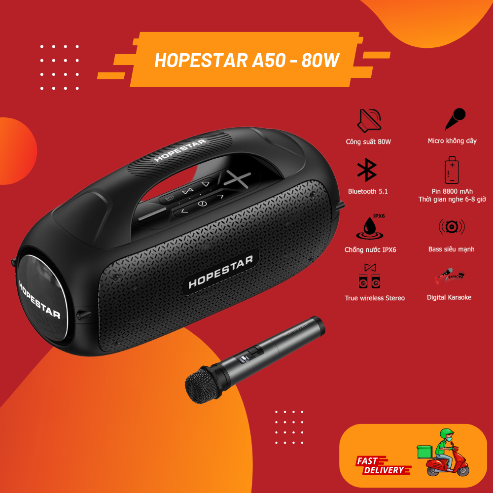 Loa bluetooth karaoke hopestar a50 80w siêu trầm micro không dây uhf, chống nước ipx6, tws, bluetooth 5.1
