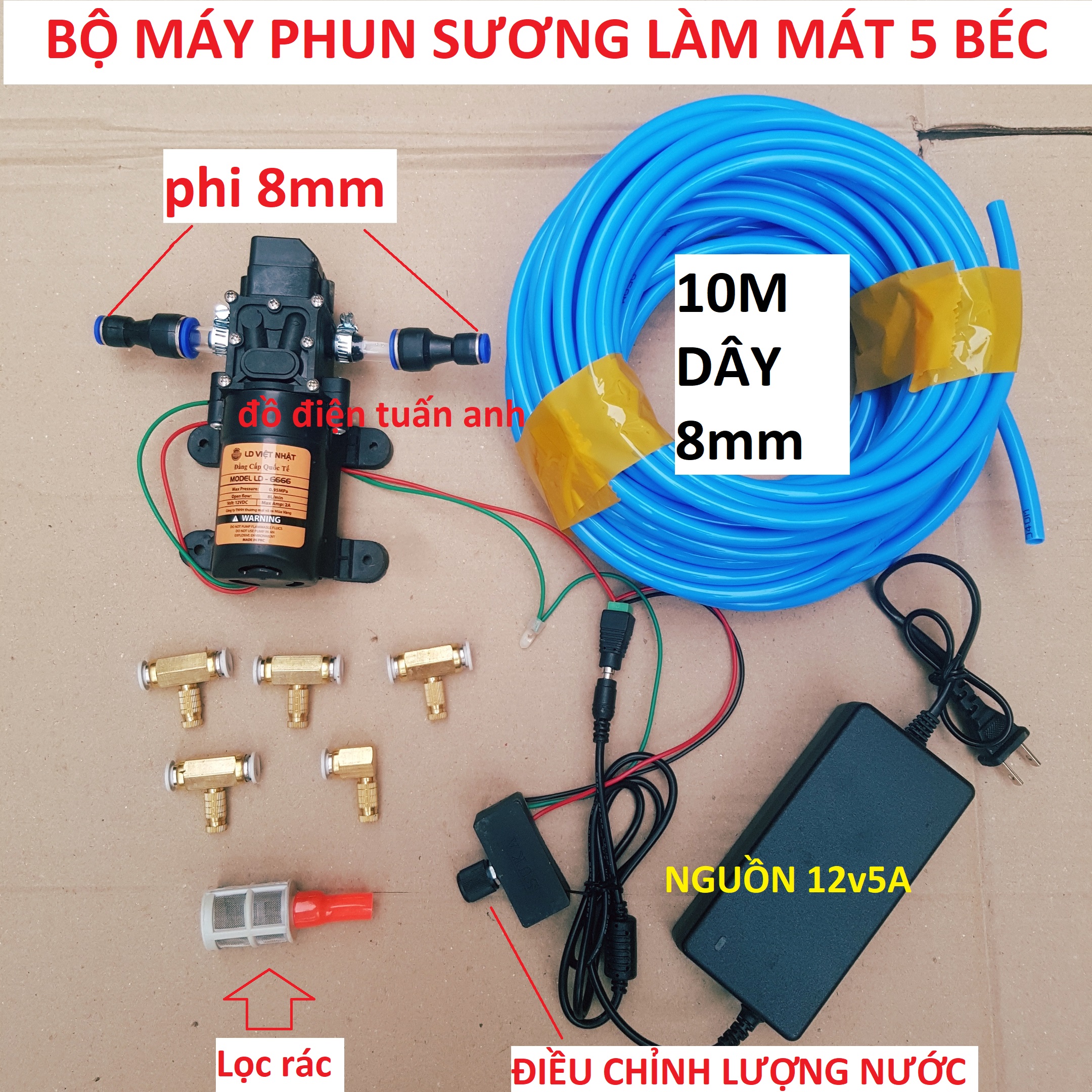 bộ máy phun sương giá rẻ nguồn, 5 béc phun, 10m dây bơm 12V-75W dùng tưới lan, làm mát nhà cửa chuồng trại | bộ máy bơm phun sương làm mát,tưới lan