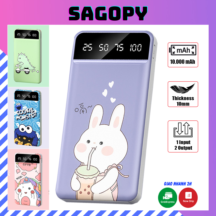 Sạc dự phòng 10000mAh không dây mini có màn hình Led, cục pin sạc dự phòng cho iphone samsung cute 2 cổng giá rẻ Sagopy