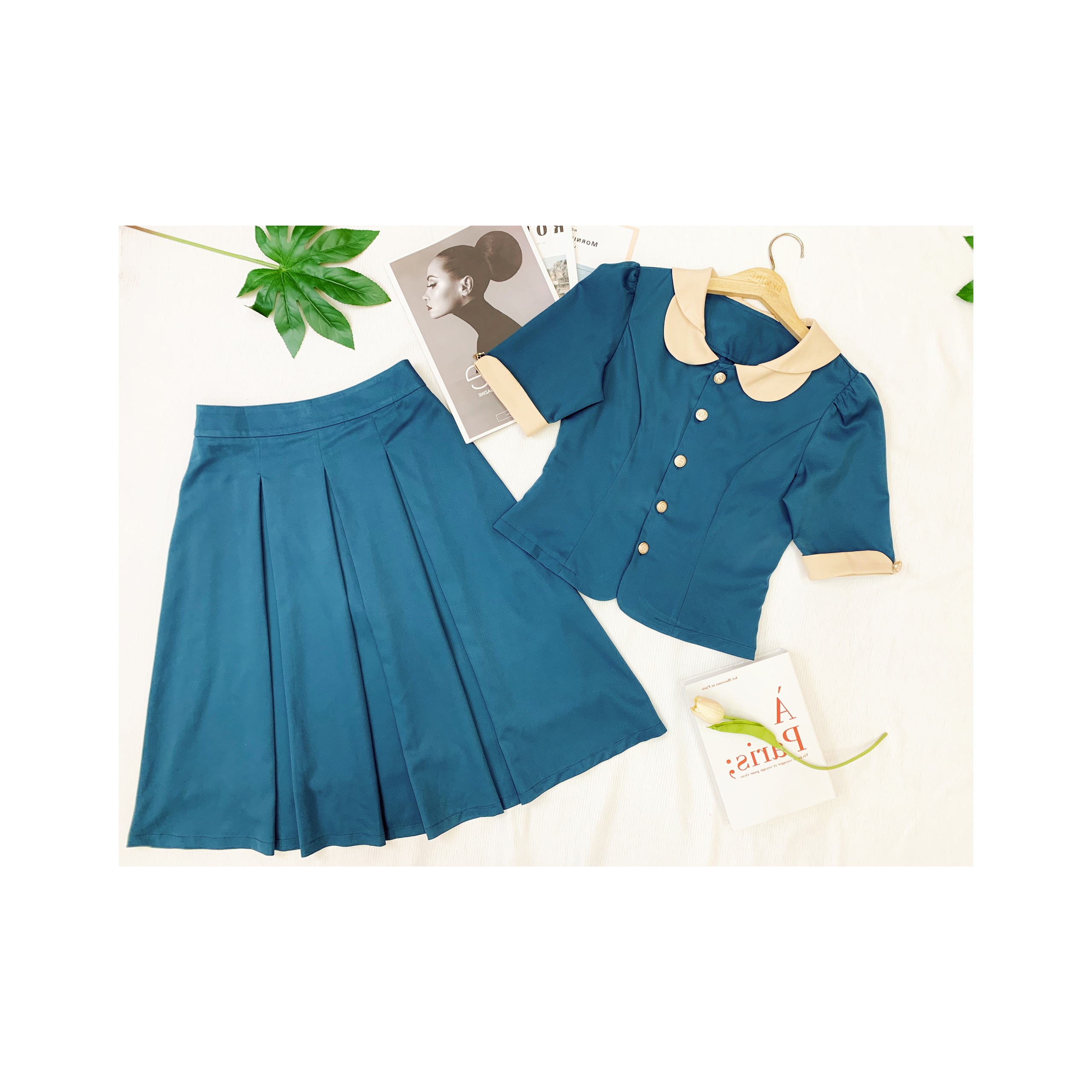 Set áo chân váy tay ống đứng tùng xếp ly BEMINE ST43