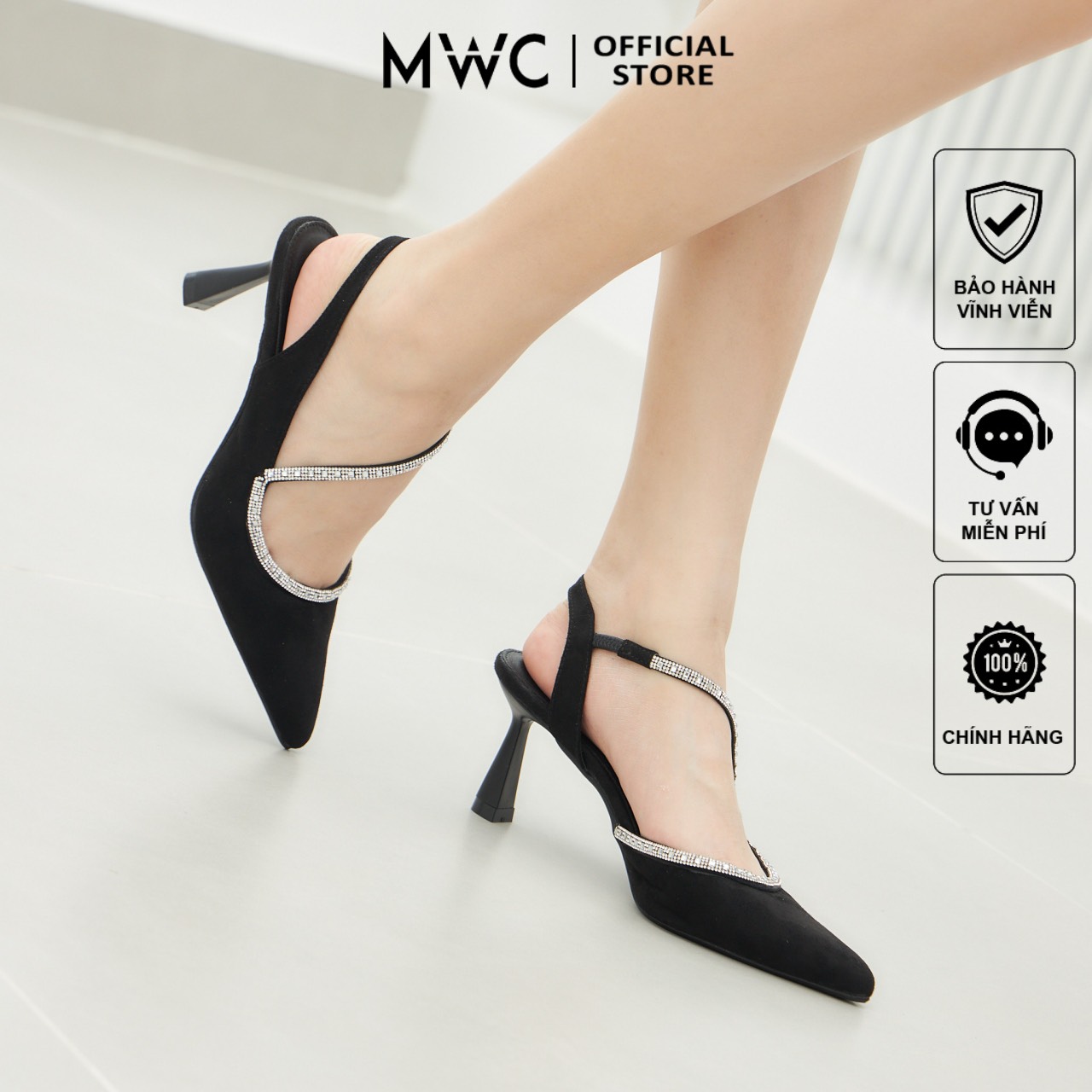 Giày Cao Gót MWC 4470 - Giày Cao Gót Mũi Nhọn Phối Quai Chéo Viền Đá Sang Chảnh