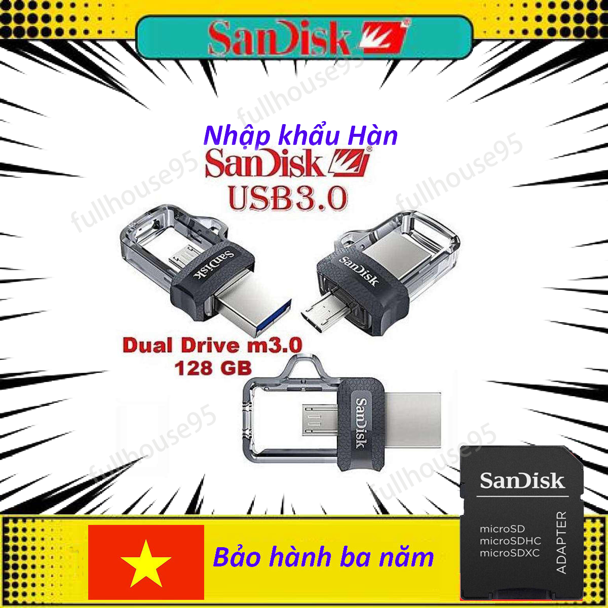 Thẻ nhớ sandisk ultra dual 128 gb m3.0 otg usb 3.0 cho máy tính và android otg thiết bị đen