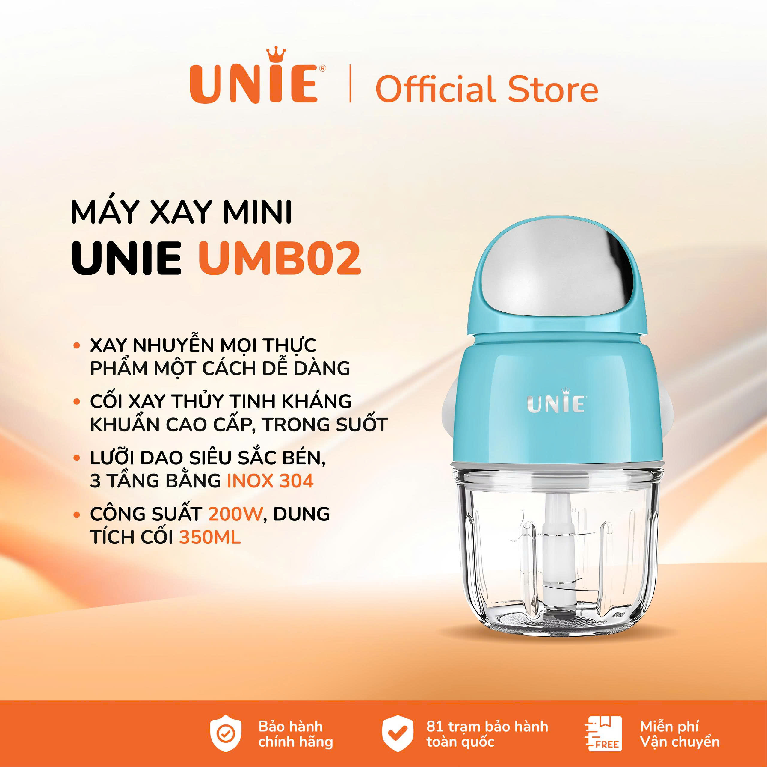 Máy xay đa năng cối thủy tinh Unie UMB02 công suất 200W vượt trội xay được mọi thực phẩm, xay đá, xay sinh tố, xay thịt cá... dung tích 350ML, lưỡi dao inox 3 tầng sắc bén - bảo hành 12 tháng