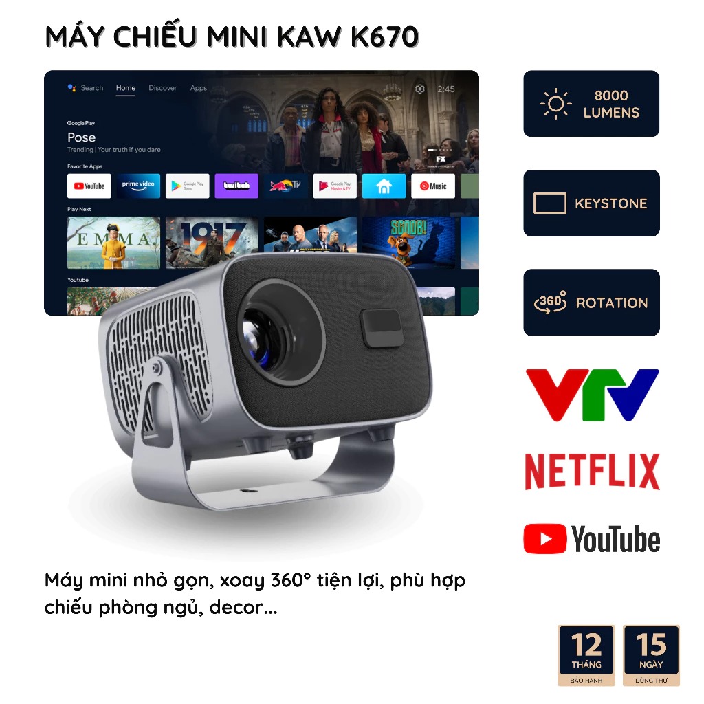Kaw-K670 Plus Mini Projector - Genuine, Brightness 8000 Lumens, Resolution 1080P, 12 Months Warranty
