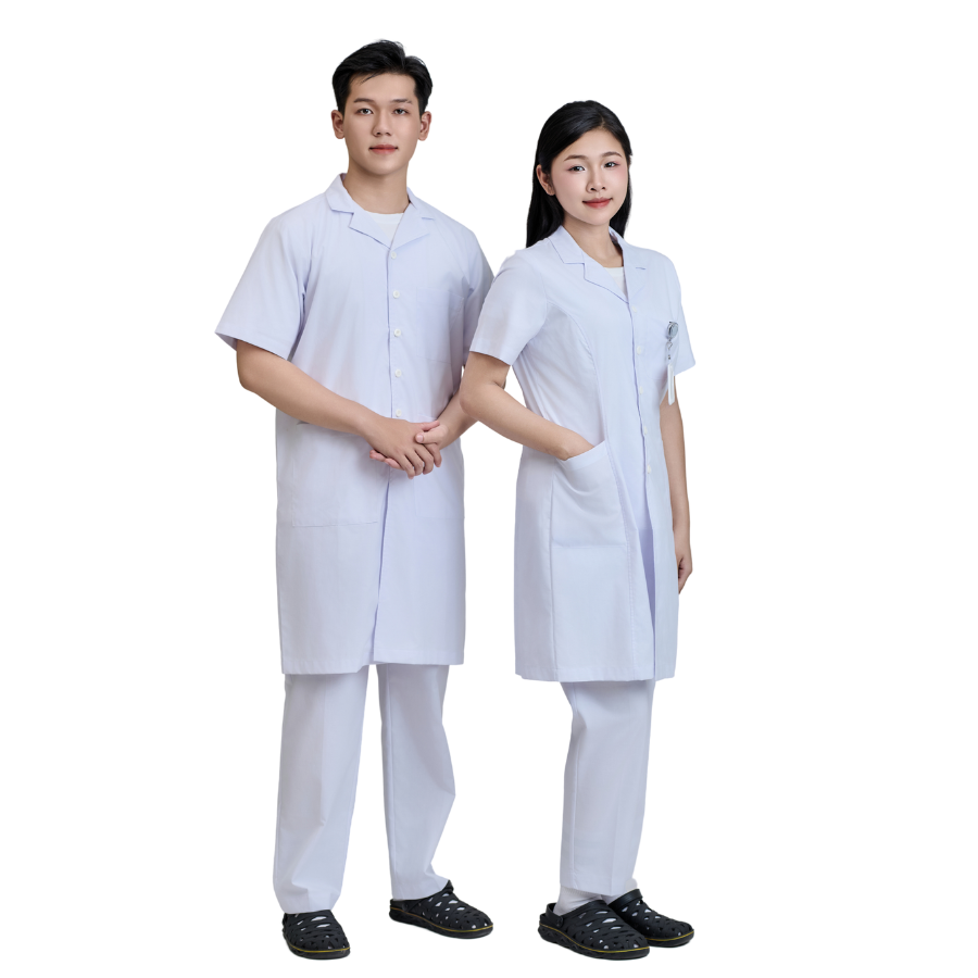 Áo blouse bác sĩ - áo choàng bác sĩ dáng dài ngắn tay sẵn sll - có in - may theo yêu cầu