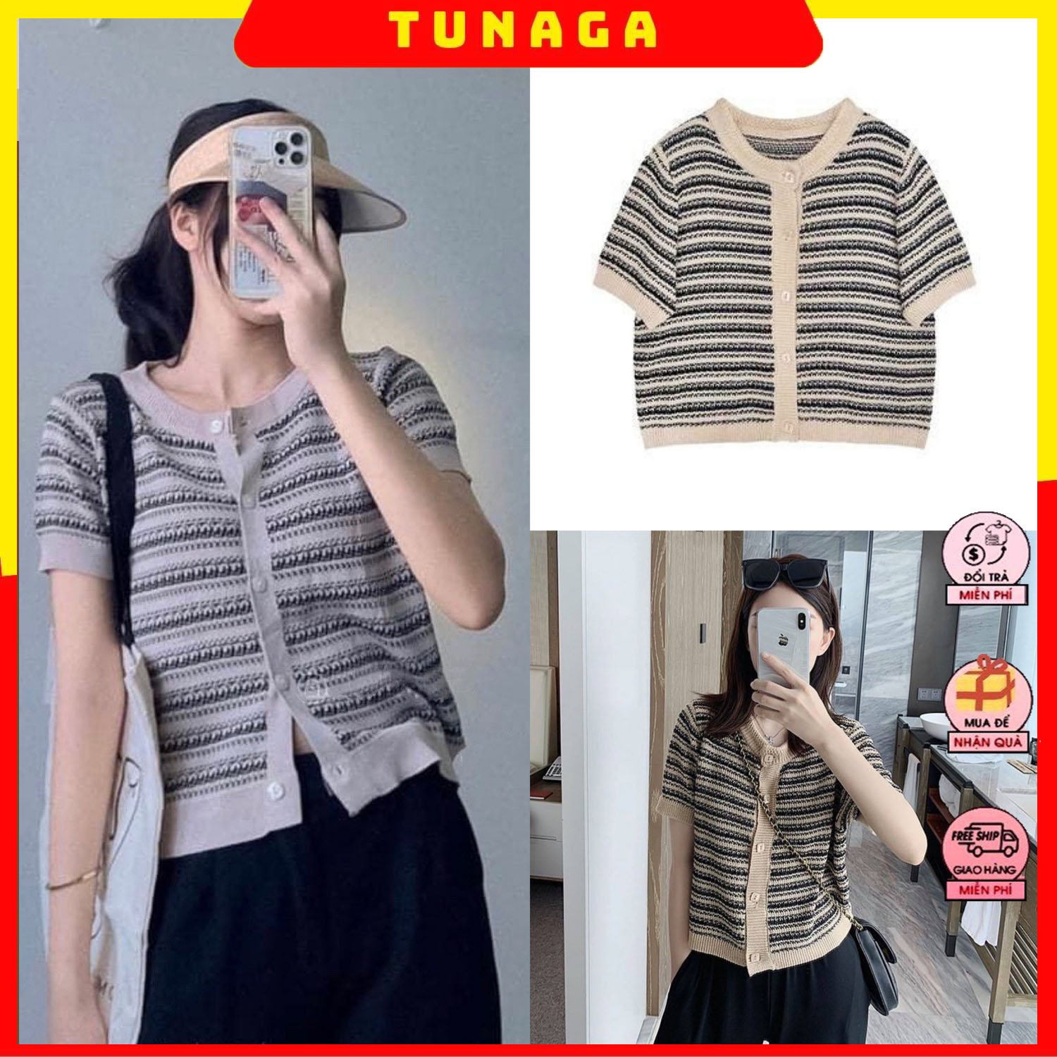 [ÁO CROPTOP] Áo Len Nữ Tay Cộc Sọc Ngang- Áo Khoác Cardigan Len Nữ Dệt Kim Cổ Tròn Màu Be Sang Chảnh